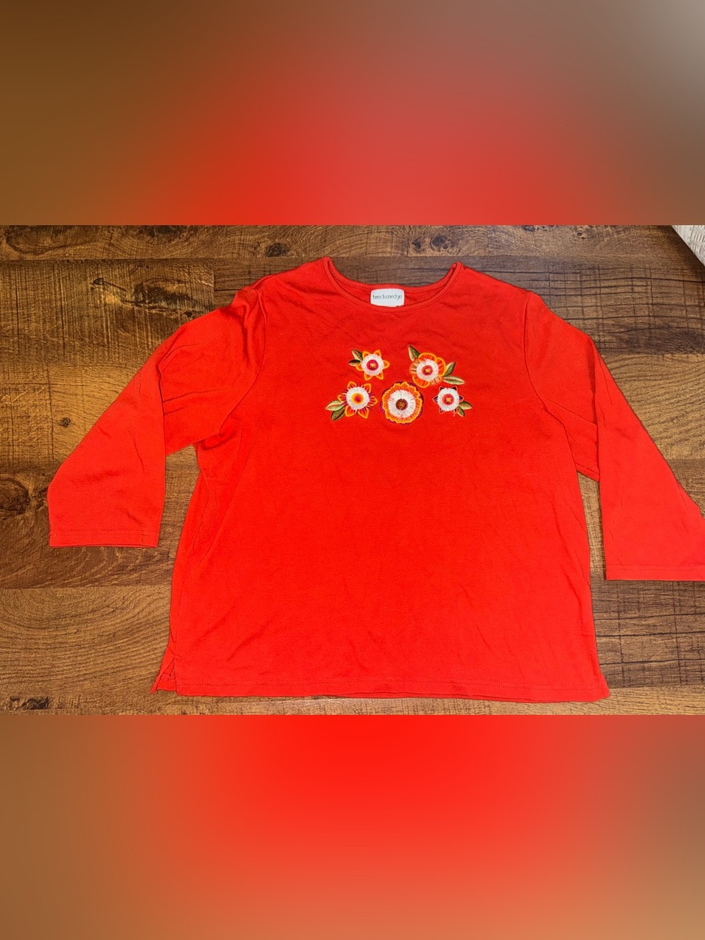 breckenridge Bright orange Long-Sleeve Tee with Floral Embroidery XL
